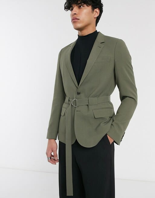 ASOS DESIGN skinny belted blazer in khaki