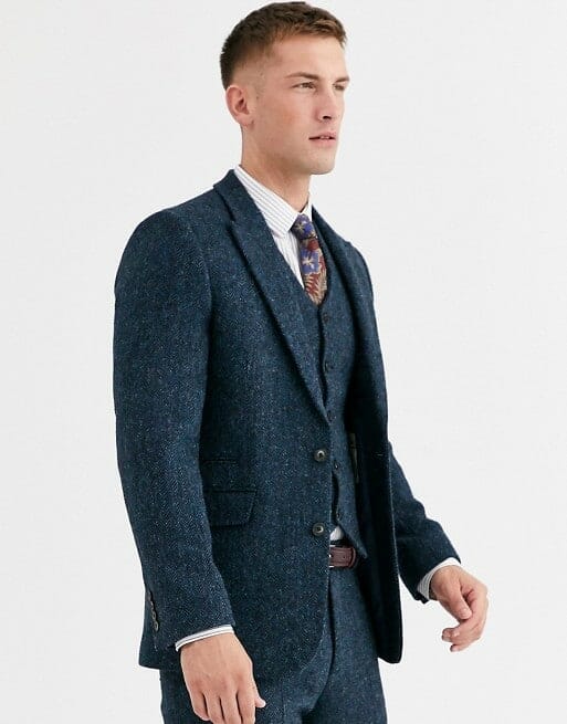 ASOS DESIGN slim suit in 100% wool Harris Tweed in blue herringbone