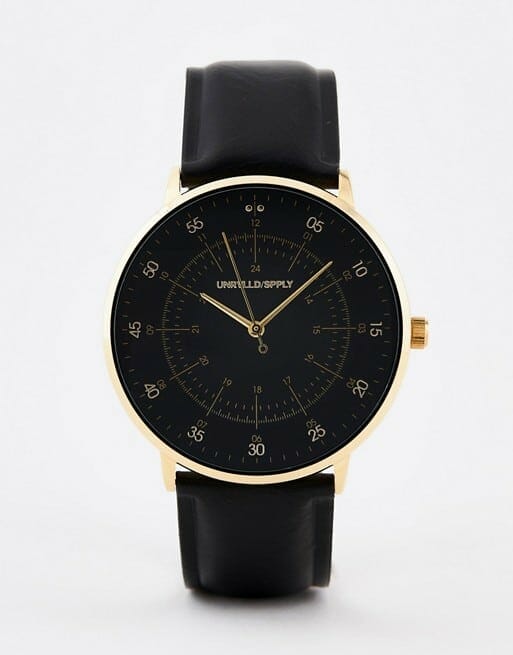 ASOS Design Watch In Black Faux Leather With Gold Highlights