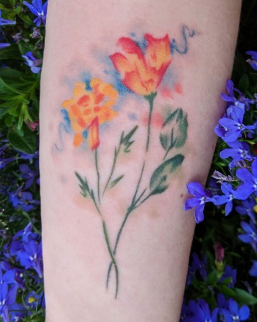 Abstract Watercolor Marigold Flower Tattoo