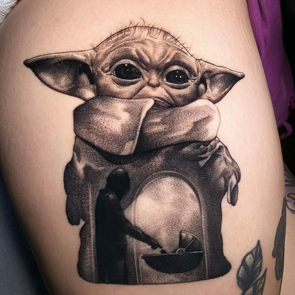 All-Black Ink Baby Yoda Tattoo
