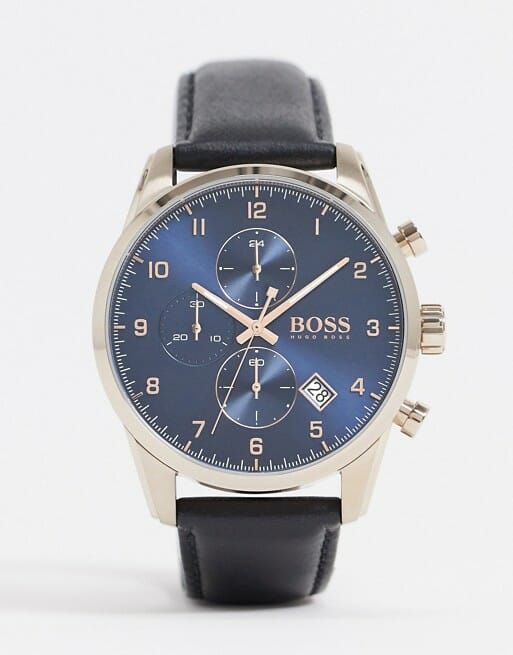 BOSS Black Leather Watch With Blue Dial