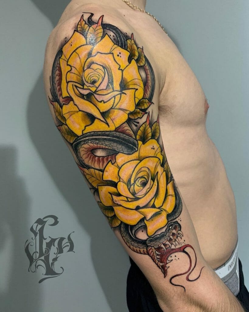Big Arm Yellow Rose And Snake Tattoo