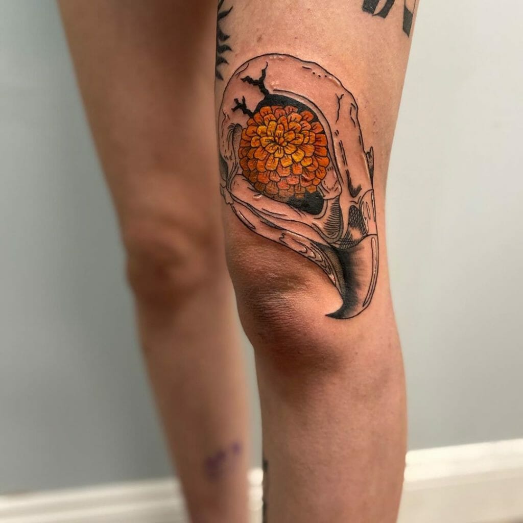 Bird Skull and Marigold Tattoo