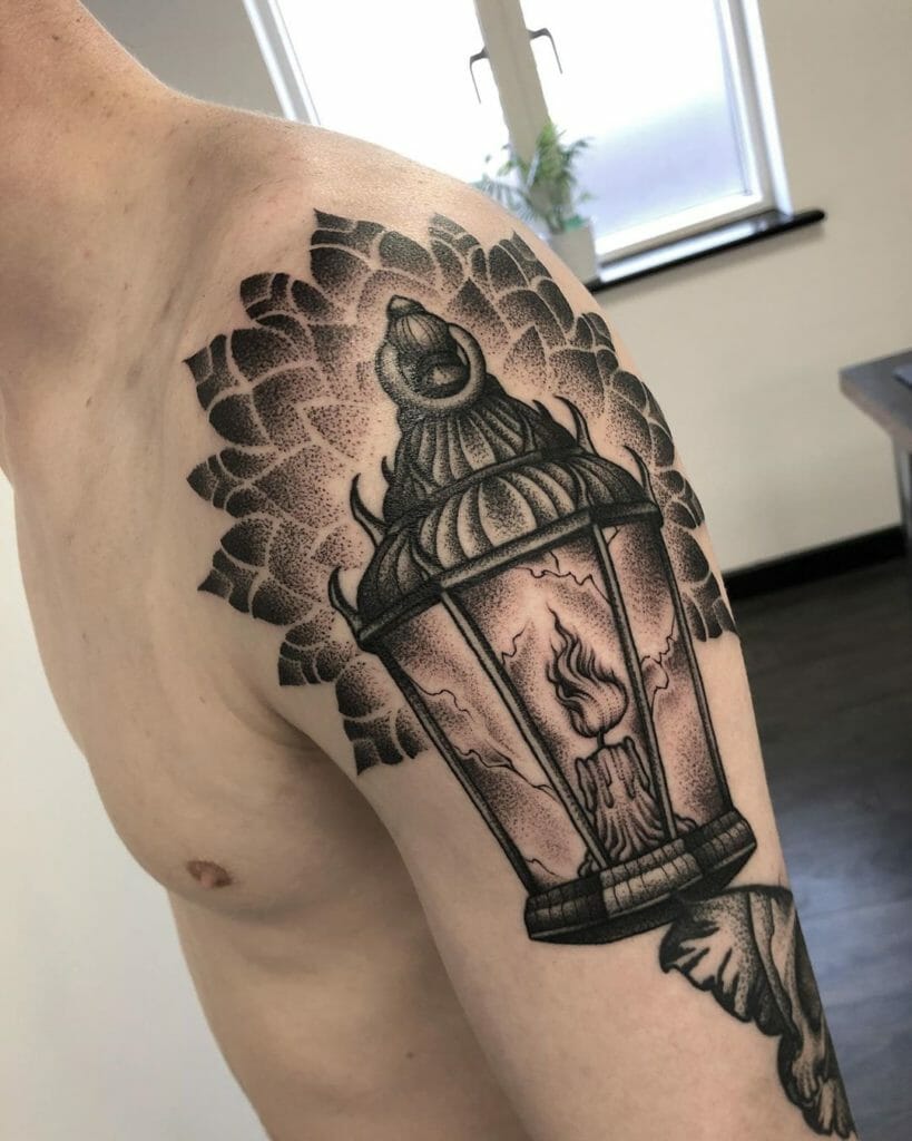Black And Gray Men Candle Lantern Tattoo