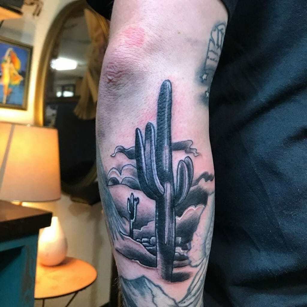Black and White Cactus In Desert Tattoo