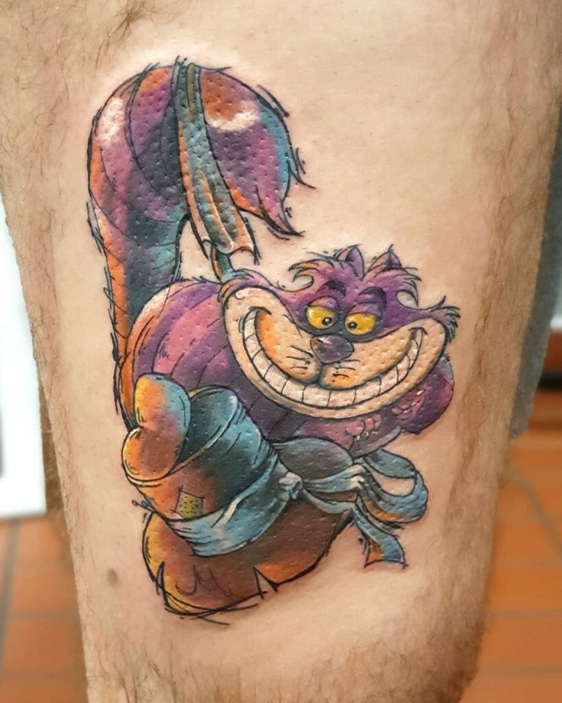 Cheshire Cat Leg Tattoo With The Hat