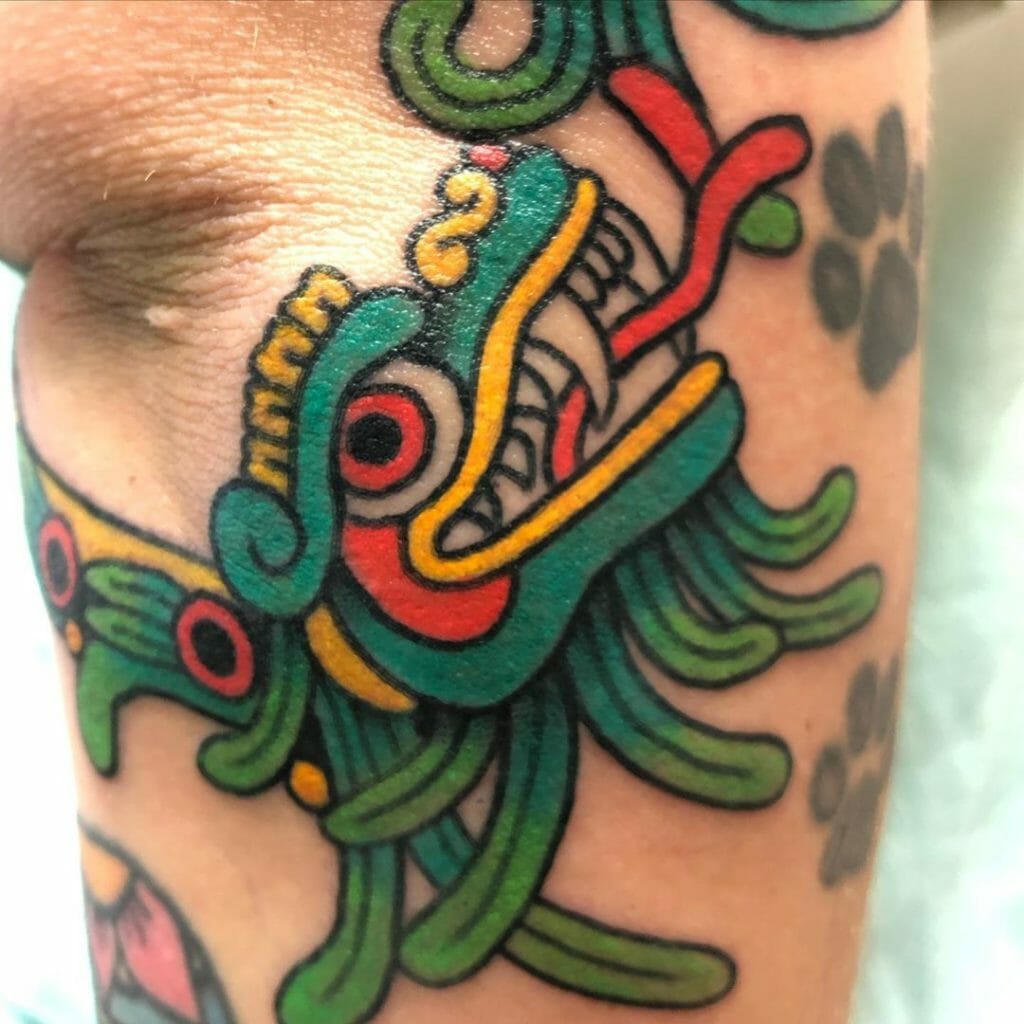 Colored Elbow Quetzalcoatl Tattoo