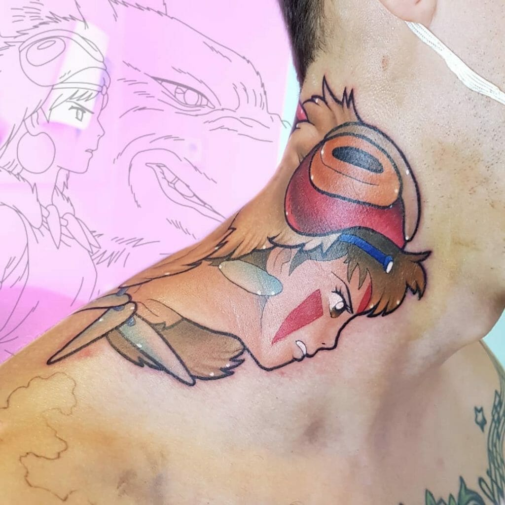 Colored Princess Mononoke Anime Neck Tattoo