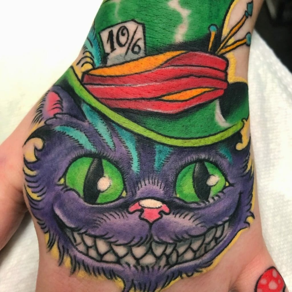 Colorful Cheshire Cat Hand Tattoo