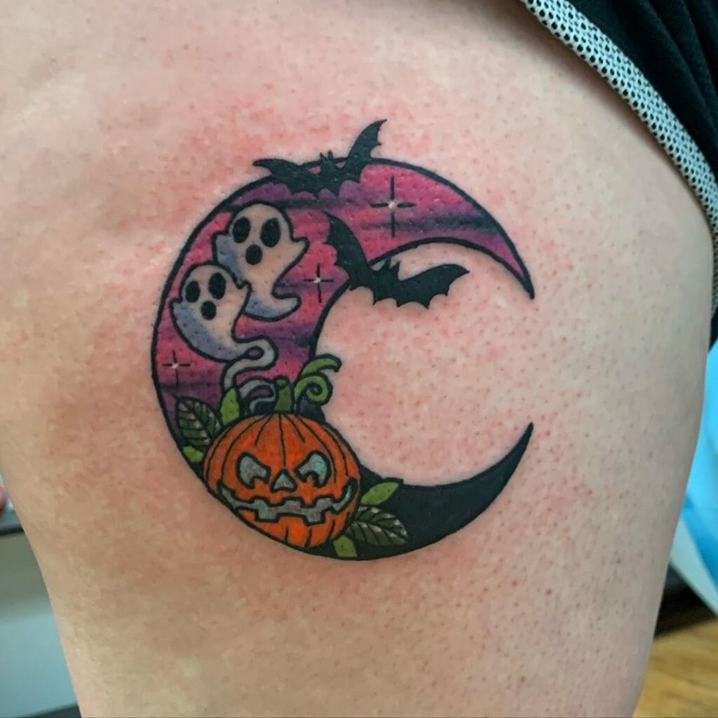 Colorful Half Moon Ghost Tattoo