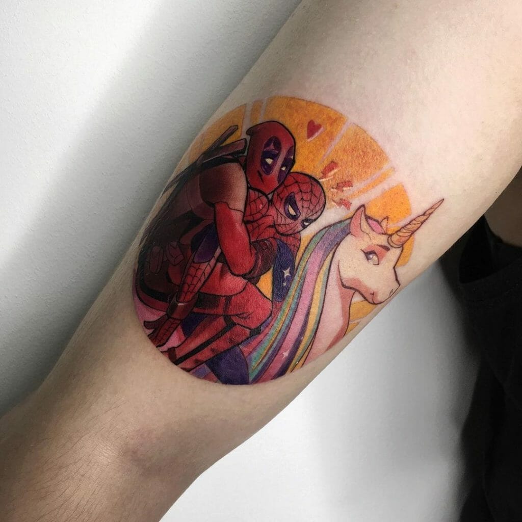 Deadpool And Spiderman Unicorn Tattoo