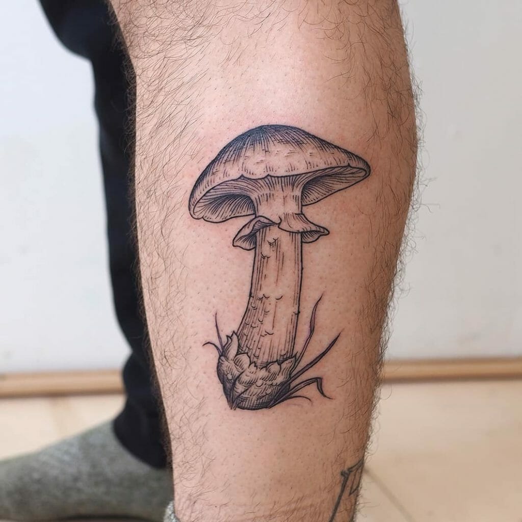 Fine Line Mushroom Leg Tattoo