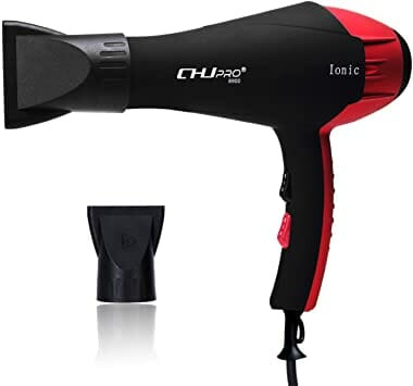 Hair Dryer, CHJPRO Professional Hair Dryer AC 2300W Negative Ionic Hairdryer With Hot-Cold Heat Setting For Home & Salon, 2 Concentrators, UK plug (Black And Red Stitching)