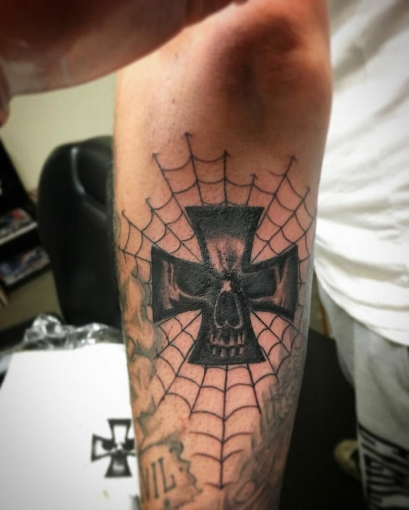 Iron Cross In Spider Web Tattoo