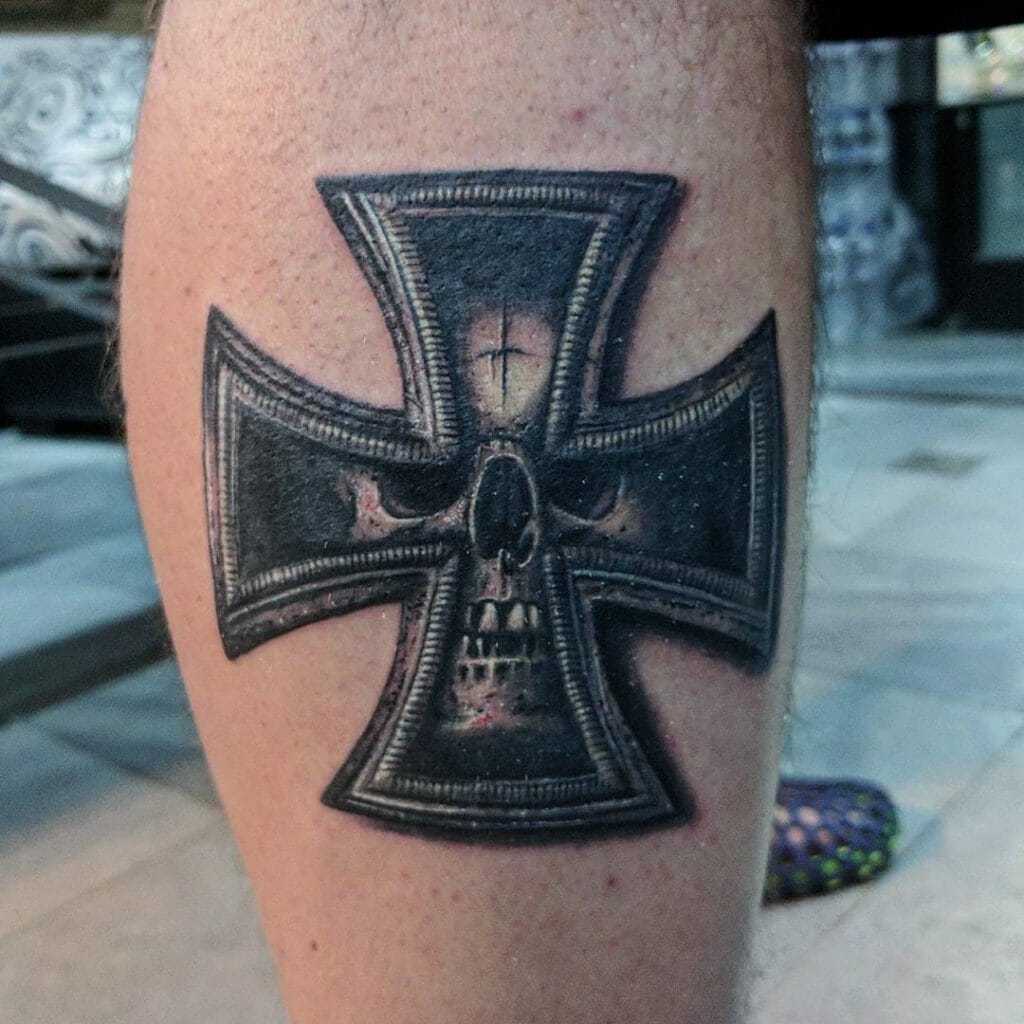 Iron Cross Skull Tattoo Black On Leg