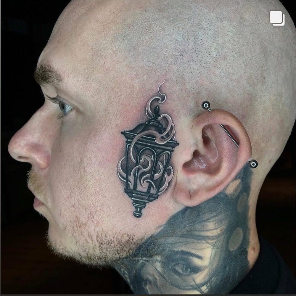 Men Black Lantern Flame Face Tattoo