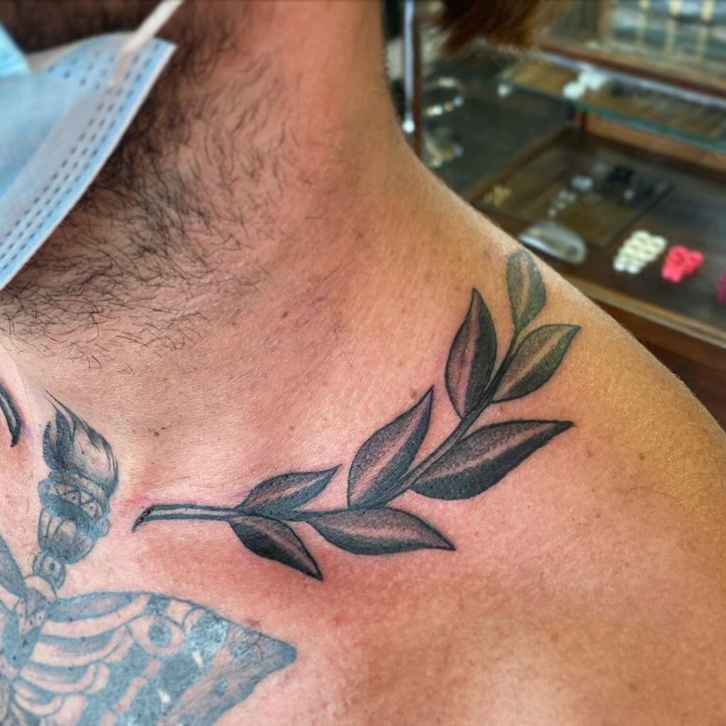 Men Olive Branch Tattoo Collarbone