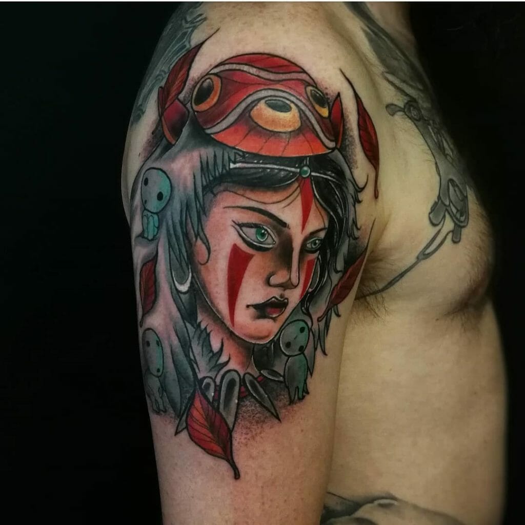 Mononoke Princess Big Red And Gray Arm Tattoo