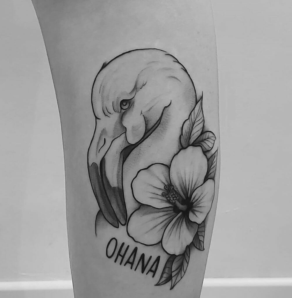Ohana Tattoo With Flower and Flamingo Outsons