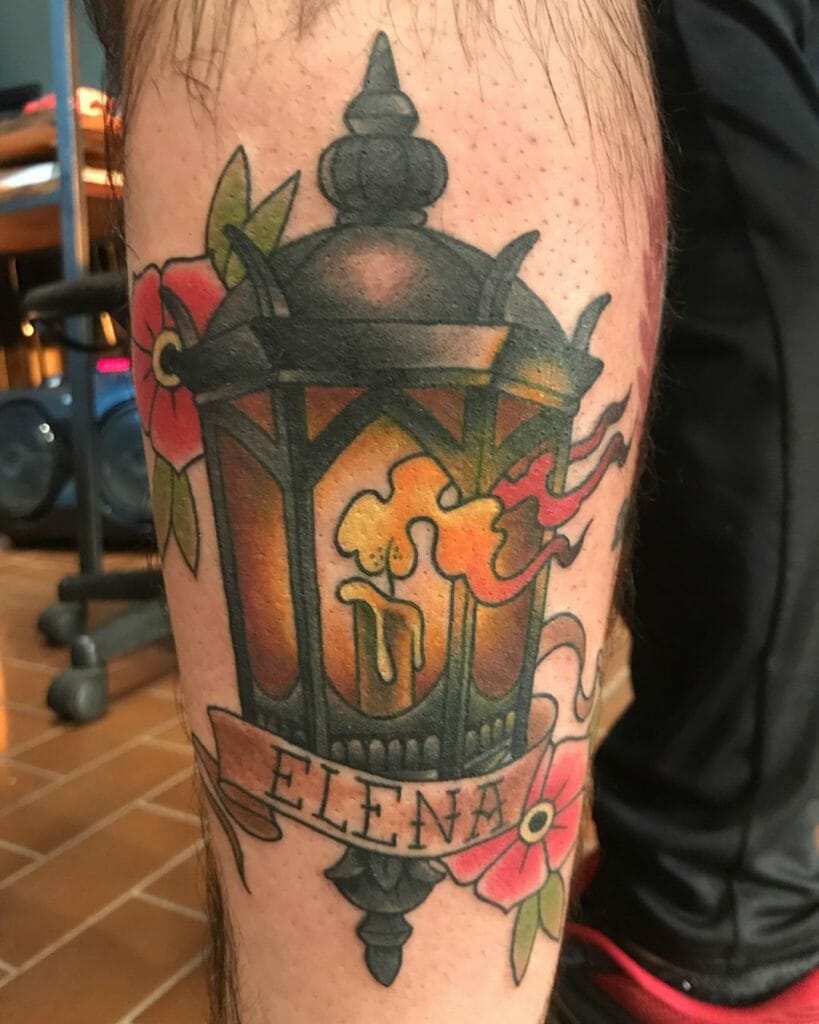 Old School Colored Lantern Name Traditional Tattoo