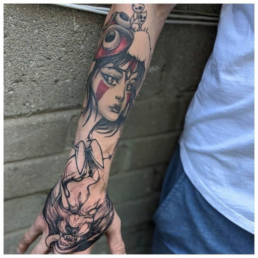 Princess Mononoke Wolf And Spirit Tattoo Over the Whole Hand