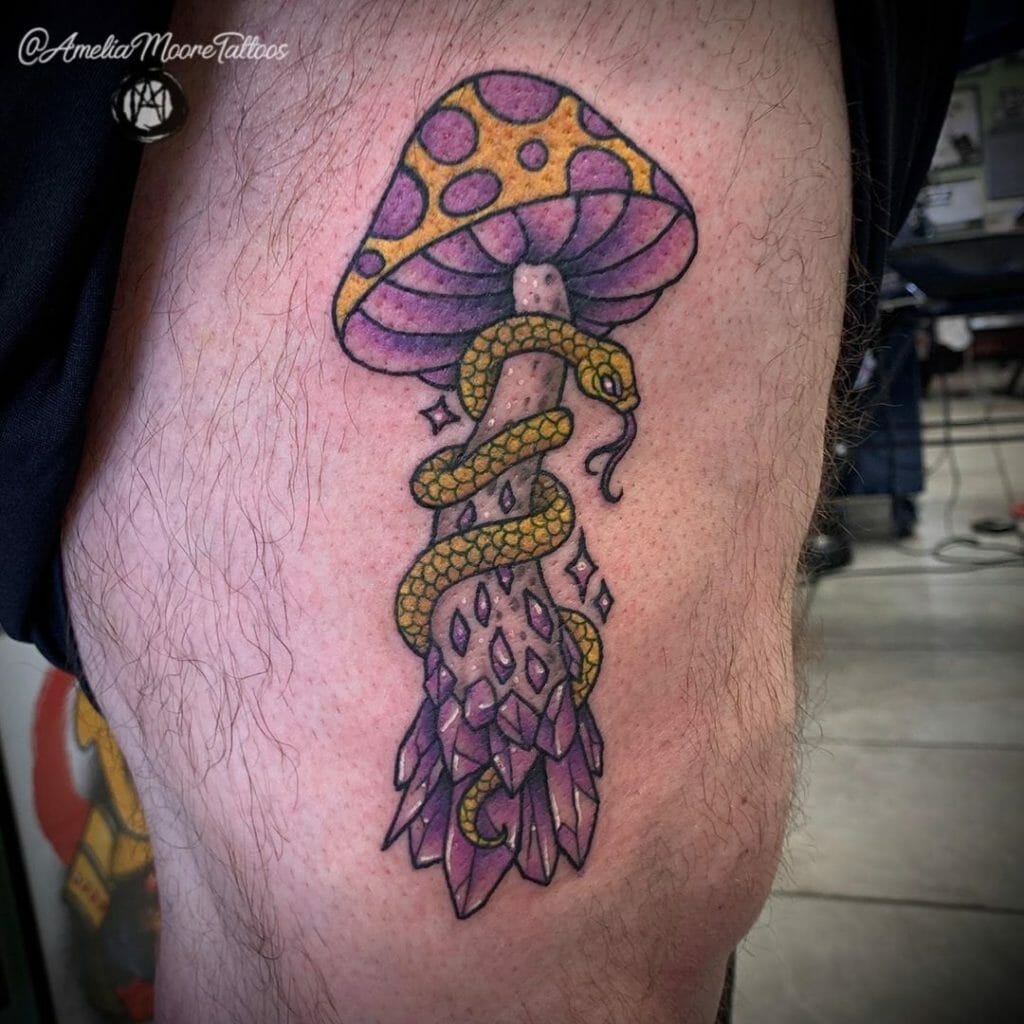 Purple And Yellow Mushroom And Snake Tattoo