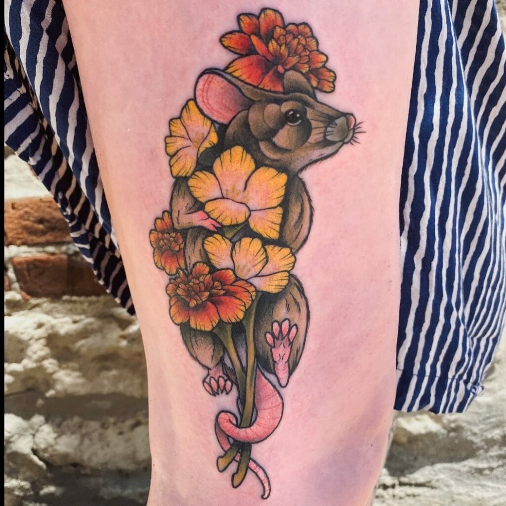 Rat with Marigold and Gladiolus Flower Tattoo
