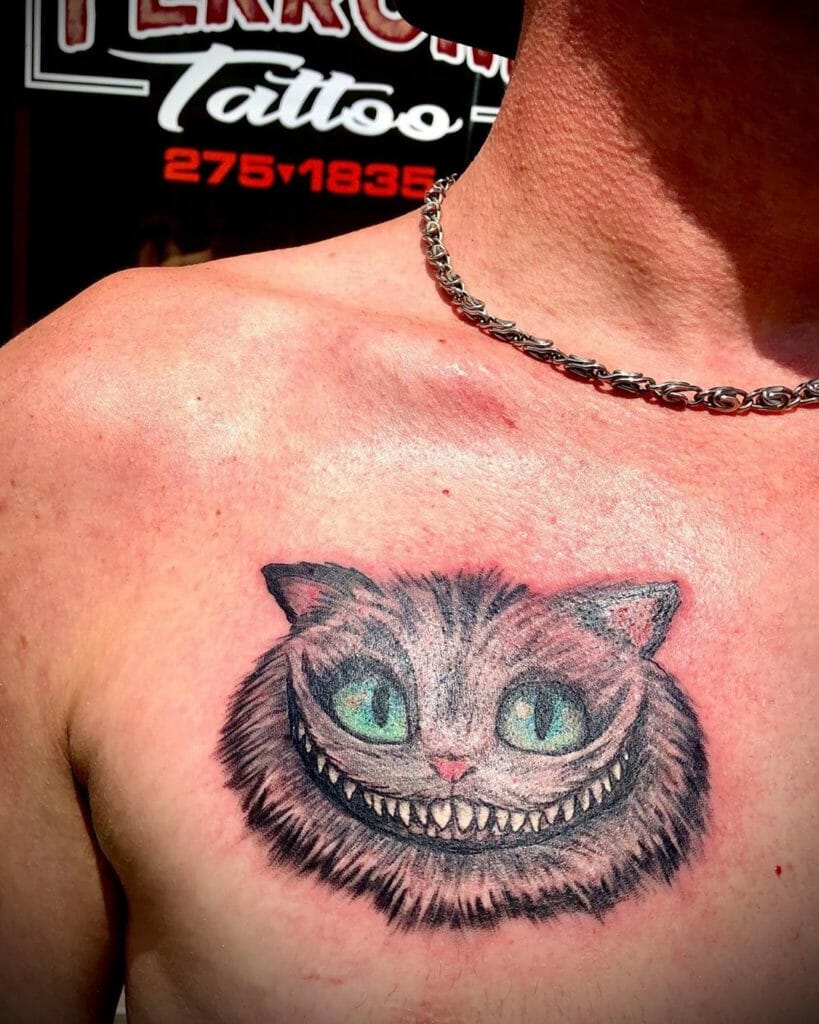 Simple Cheshire Cat Chest Tattoo