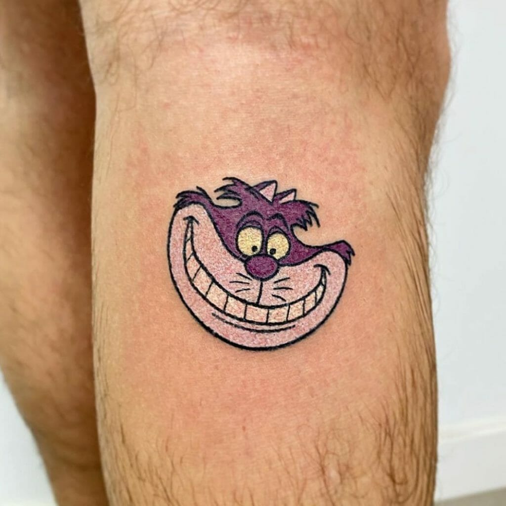 Small Cheshire Cat Purple Leg Tattoo
