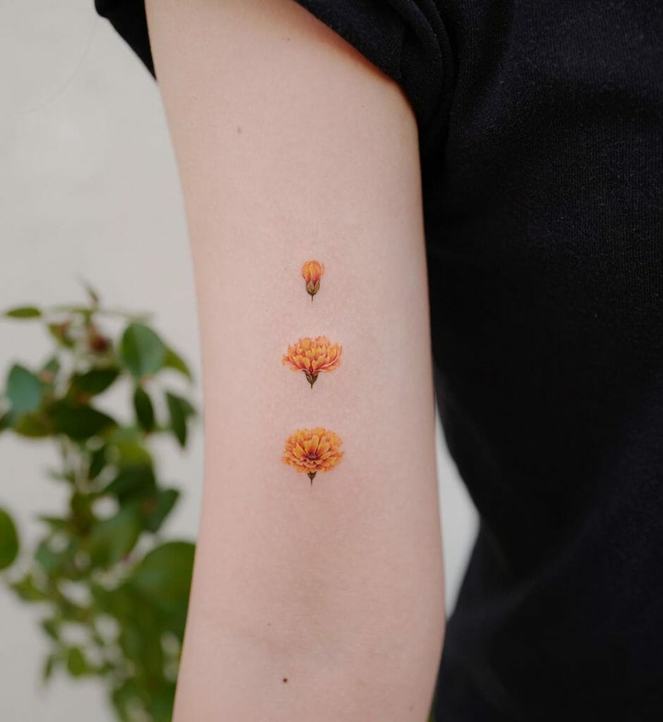 Stages of Blooming Marigold Flower Tattoo