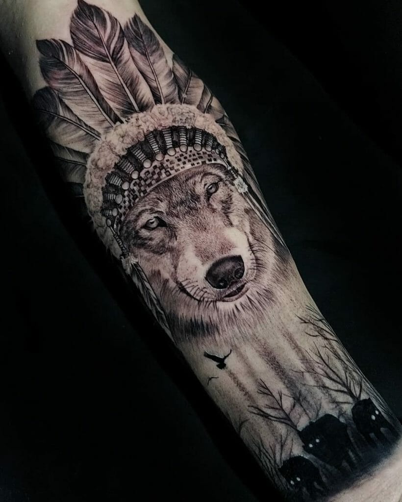 Tribal Wolf Forest Tattoo