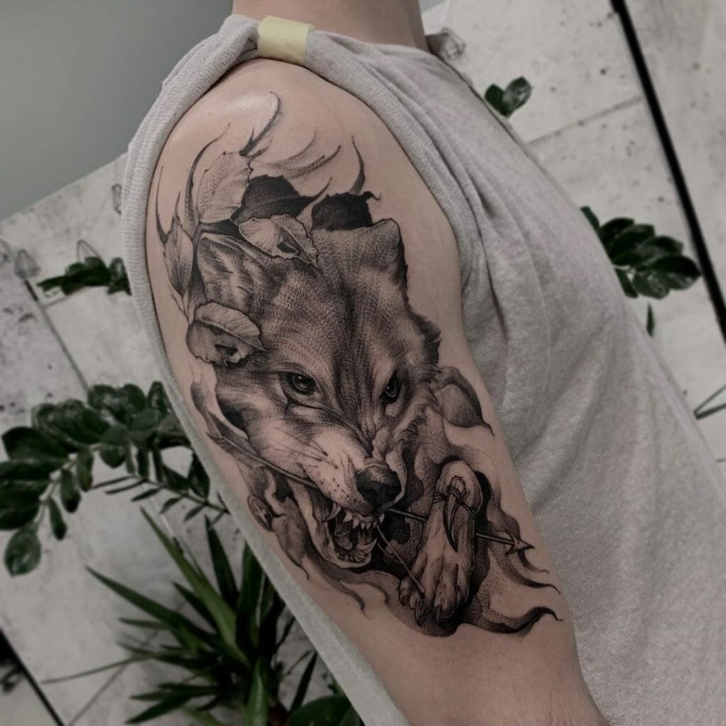 Tribal Wolf in Battle Tattoo