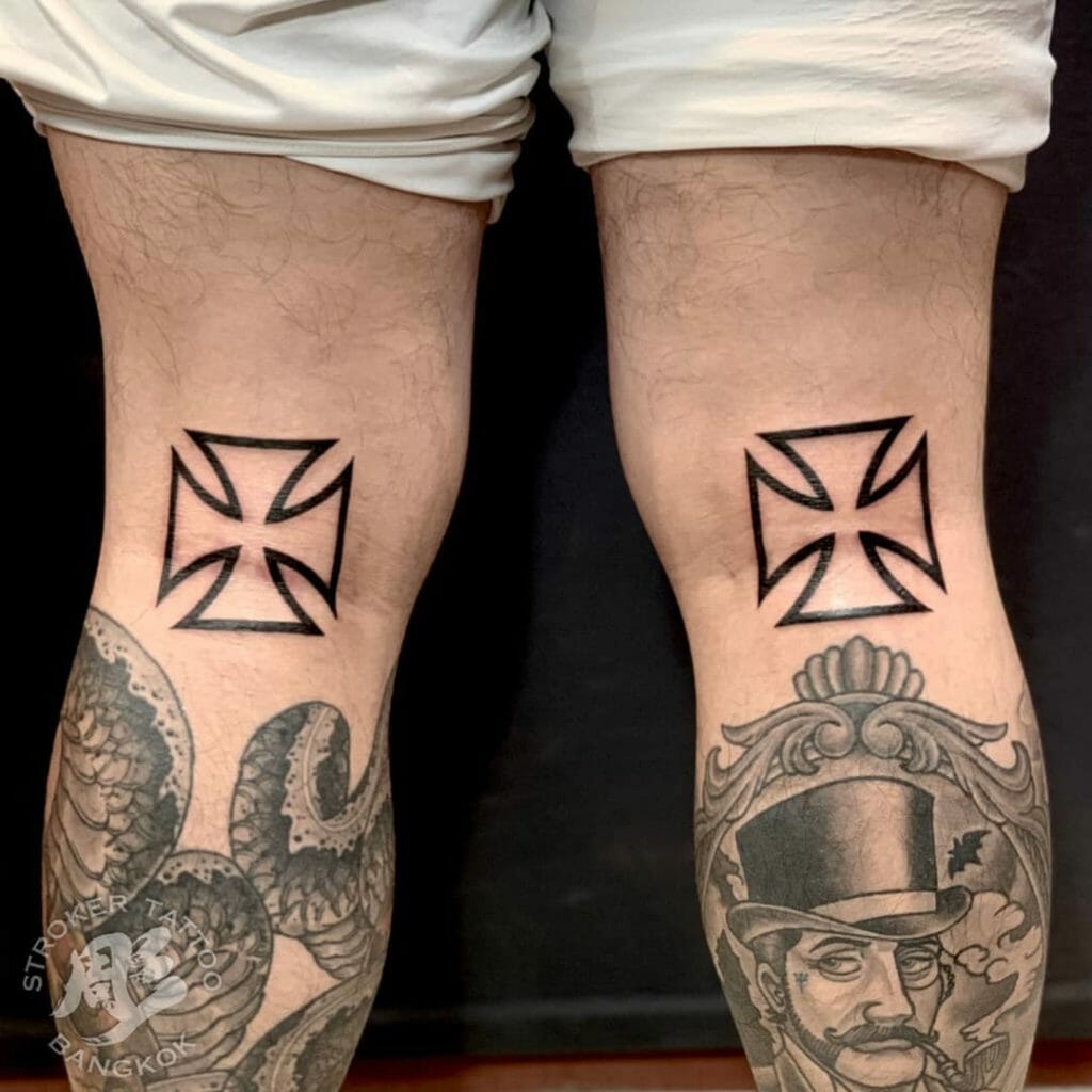 Two Back Knee Black Cross Tattoo