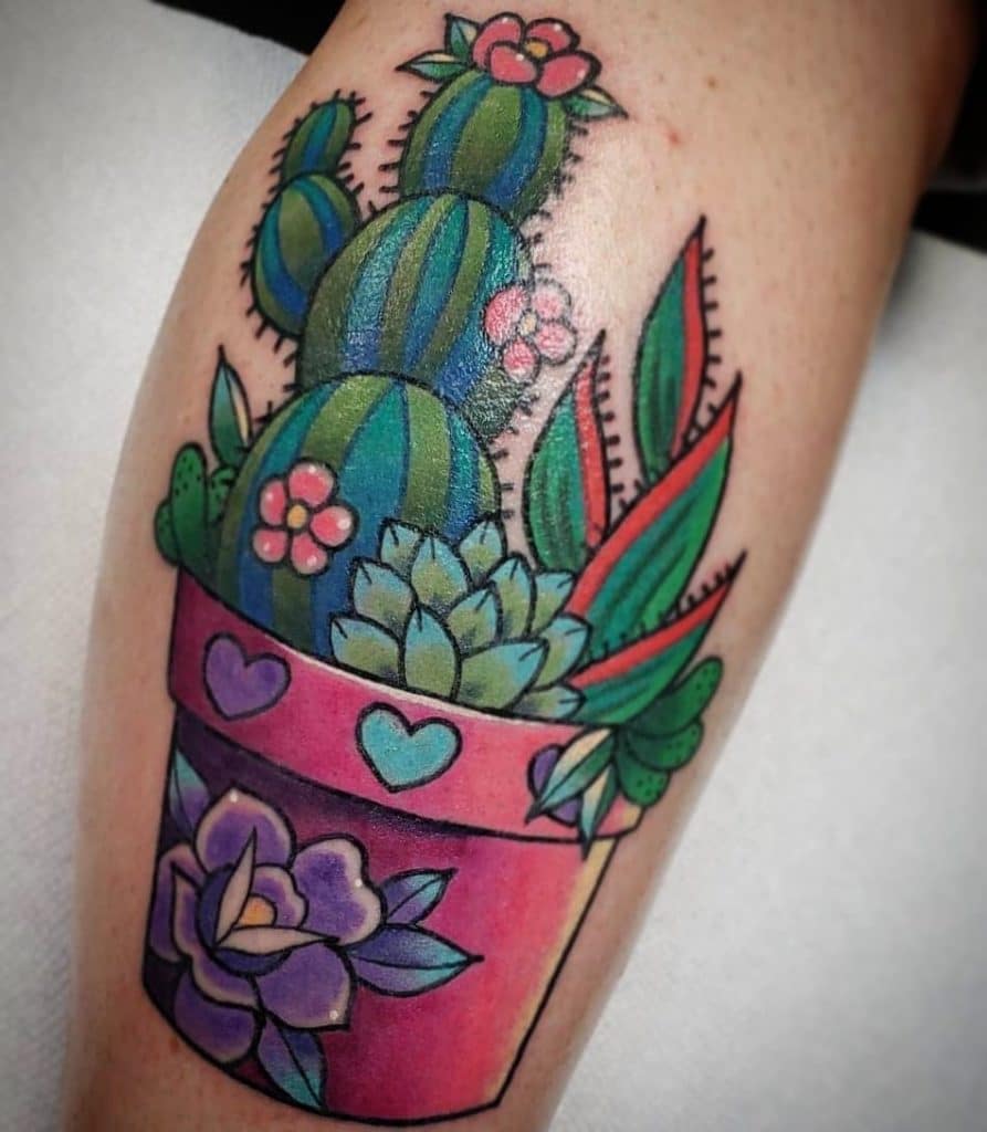 Vibrant Potted Cactus Tattoo