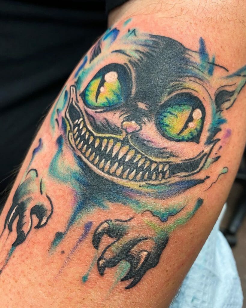 Watercolor Cheshire Cat Arm Tattoo