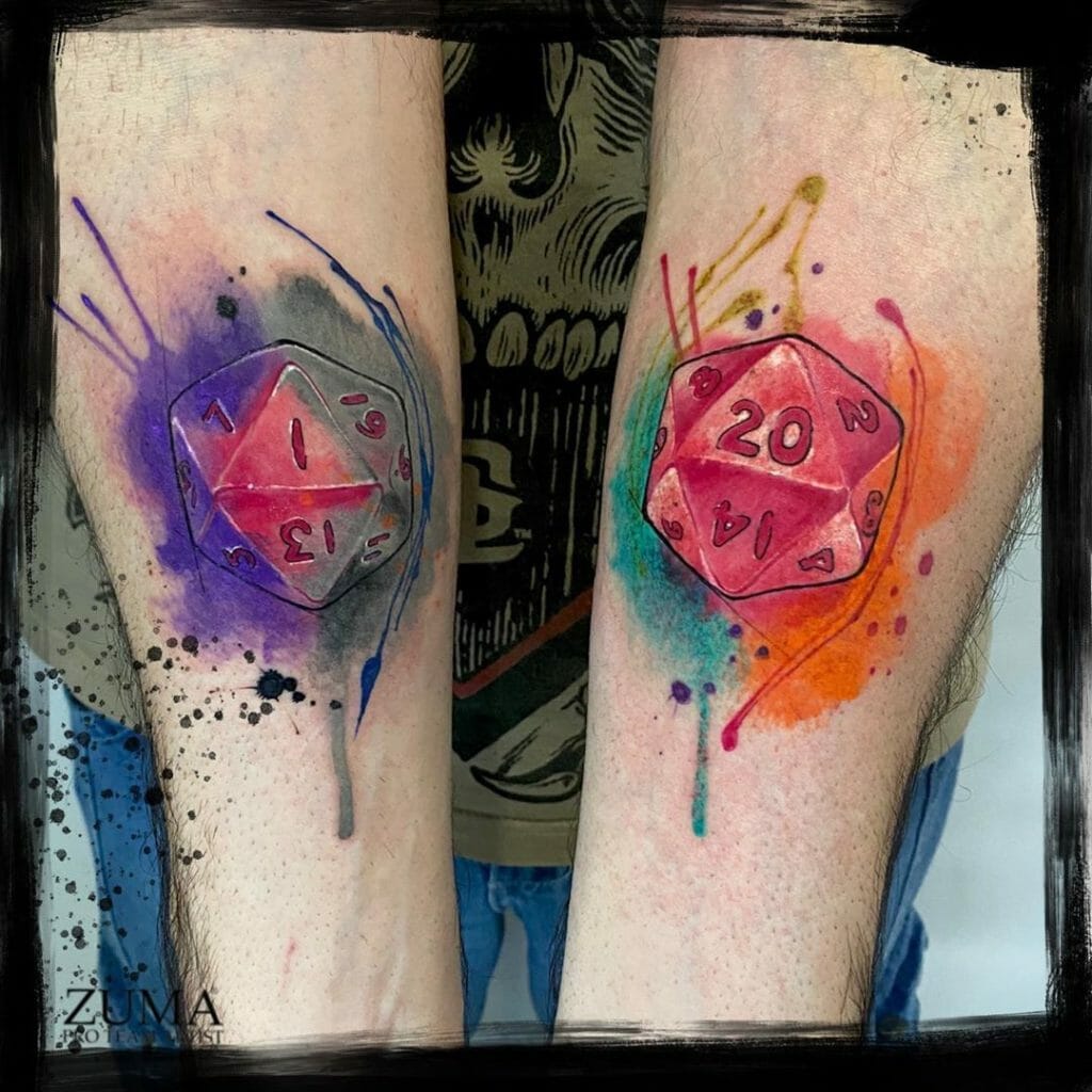 Watercolor Two d20 Dices Tattoo