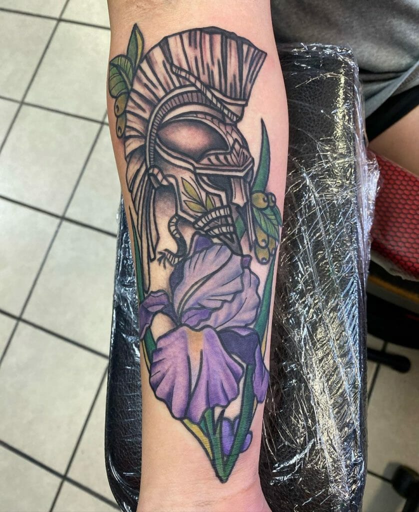 Ancient Greek Knight with Iris Flower Tattoo