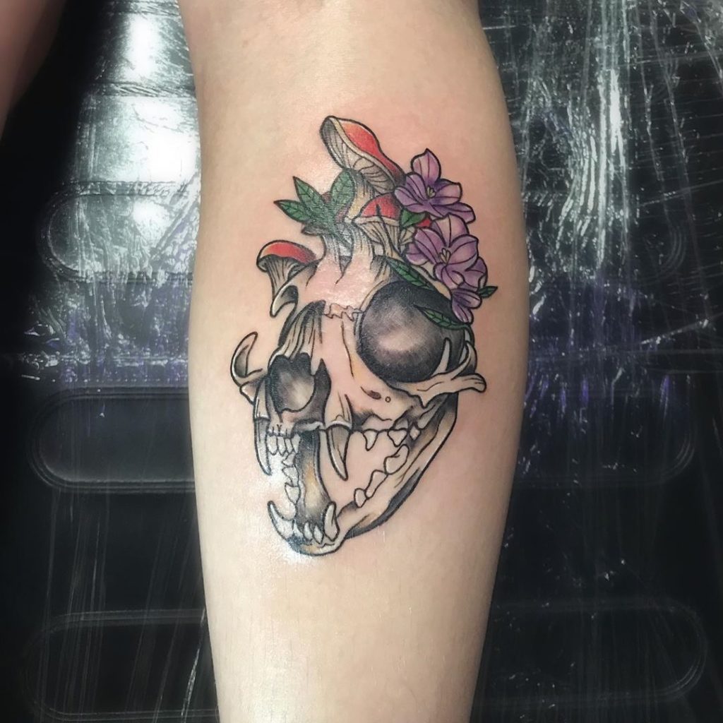 Animal Skull With Mushrooms And Violet Tattoo