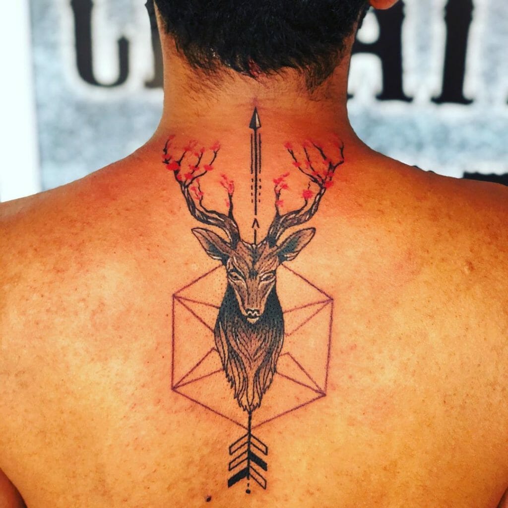 Back Black And Red Geometric Deer Tattoos