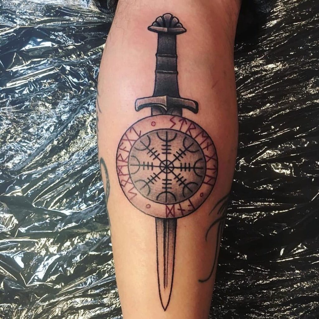 Badass Viking Sword And Red Ink Helm Of Awe Tattoo
