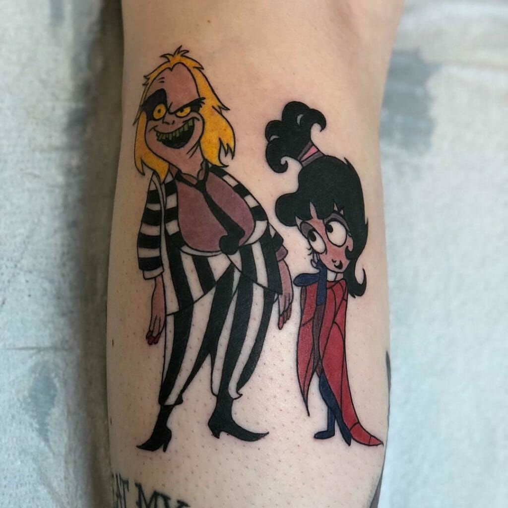 Beetlejuice and Linda From Tim Burton Animated Movie Character Tattoos