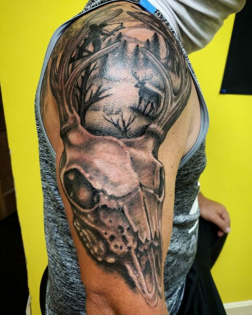 Big Arm Sleeve Deer Skulls Tattoos For Men