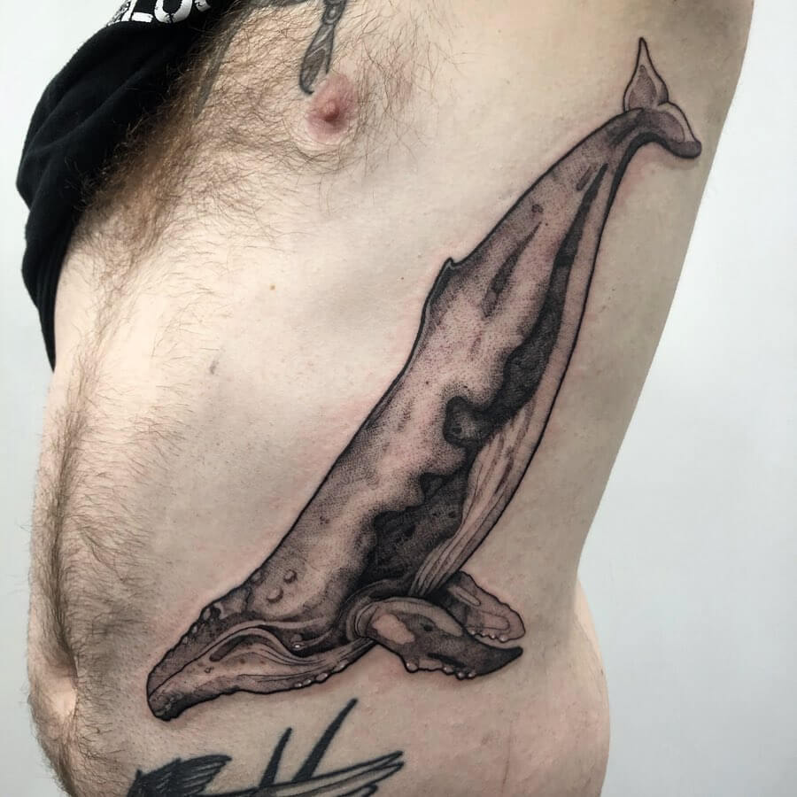 Black And Gray Ink Large Humpback Whale Tattoo