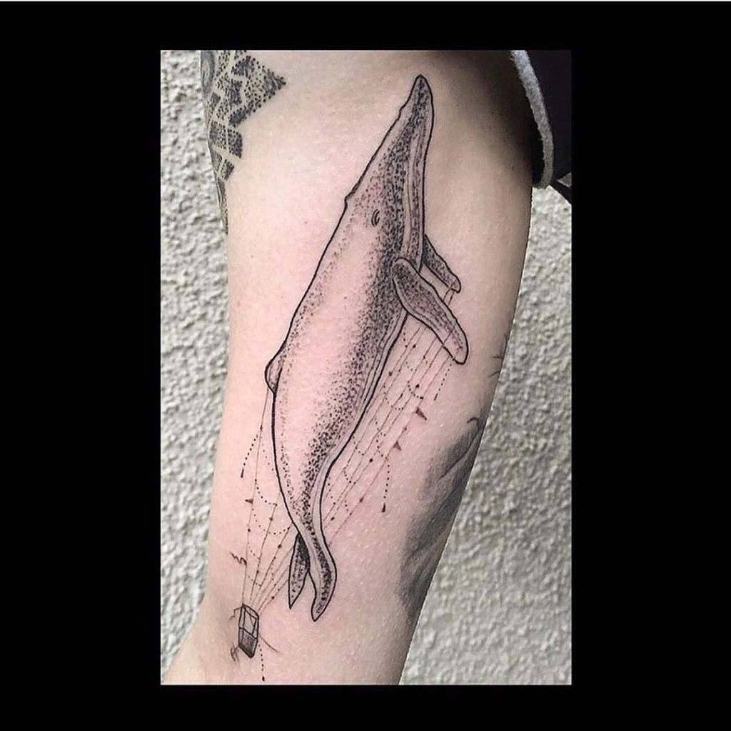 Black Ink Dotwork Unique Fin Whale Tattoo