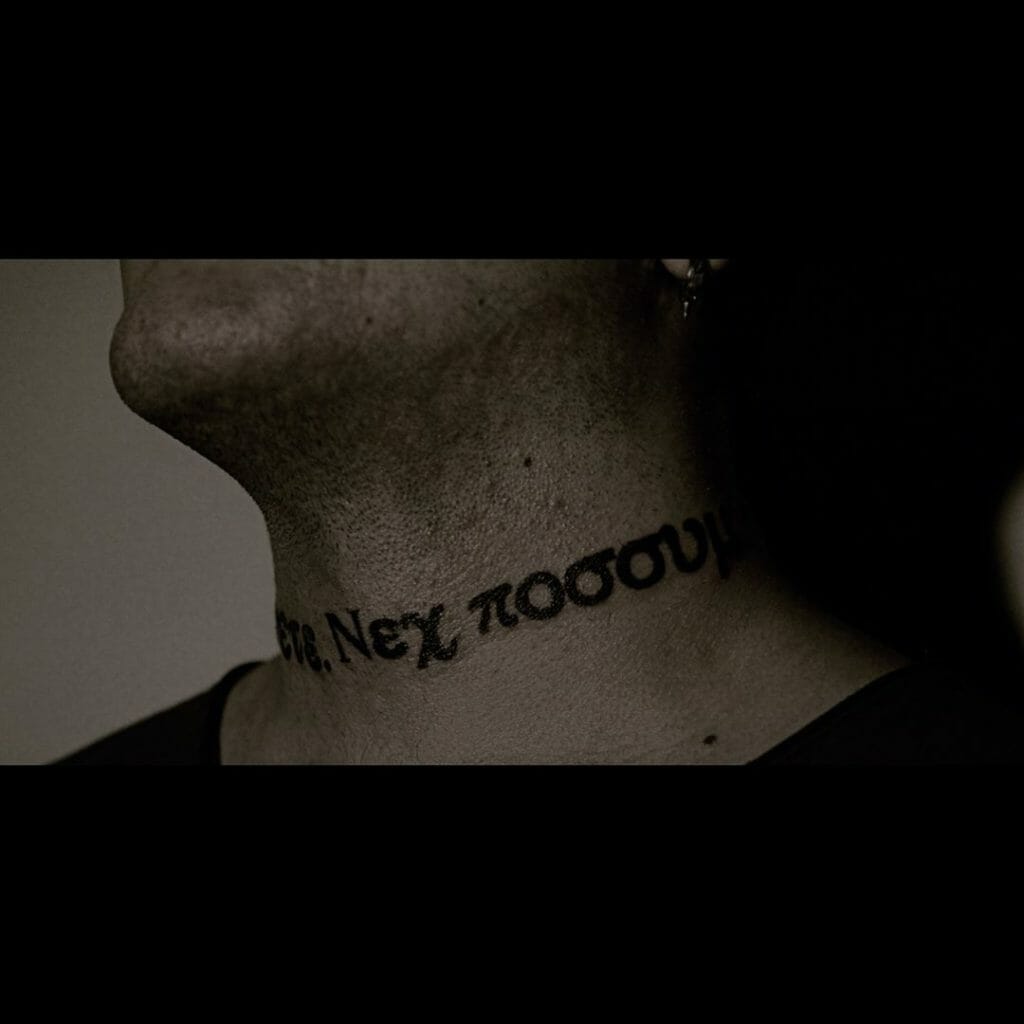 Black Ink Greek Quote Uta Tattoo From Tokyo Ghoul Neck Placement