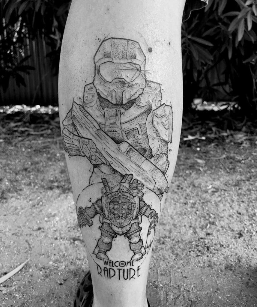 Black Ink Outlines Borderlands Tattoo Ideas For Gamers Calf Muscle Placement