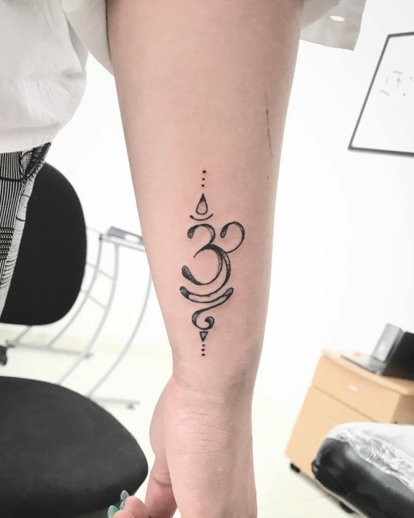 Black Ink Wrist Tattoo Just Breathe Hindu Aum Symbol