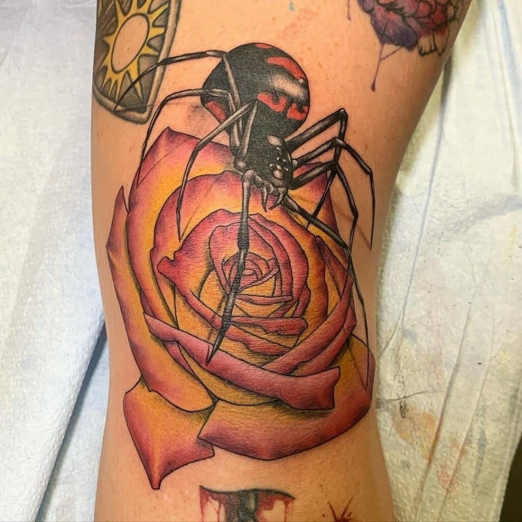 Black Red Yellow Ink Spider On Rose Knee Tattoo For Men Outsons