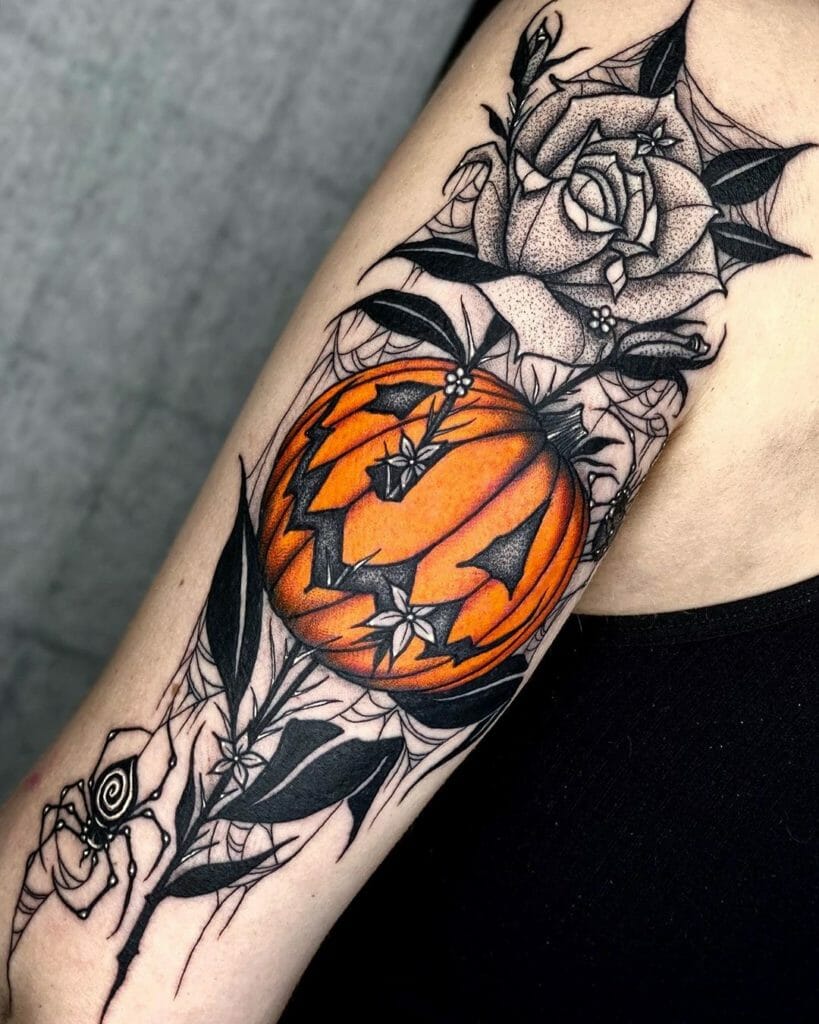Black Roses and Scary Pumpkin Tattoo